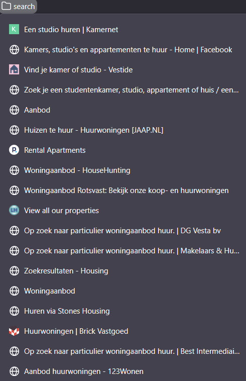 Screenshot van een browsermap met achttien Nederlandse woningsites als favoriet